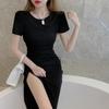 Women's Bodycon Midi Dress Short Sleeve Crew Neck Ruched Side Slit Dress Slim Fit Drawstring Casual T-Shirt Dress for Summer Streetwear Daily Wear