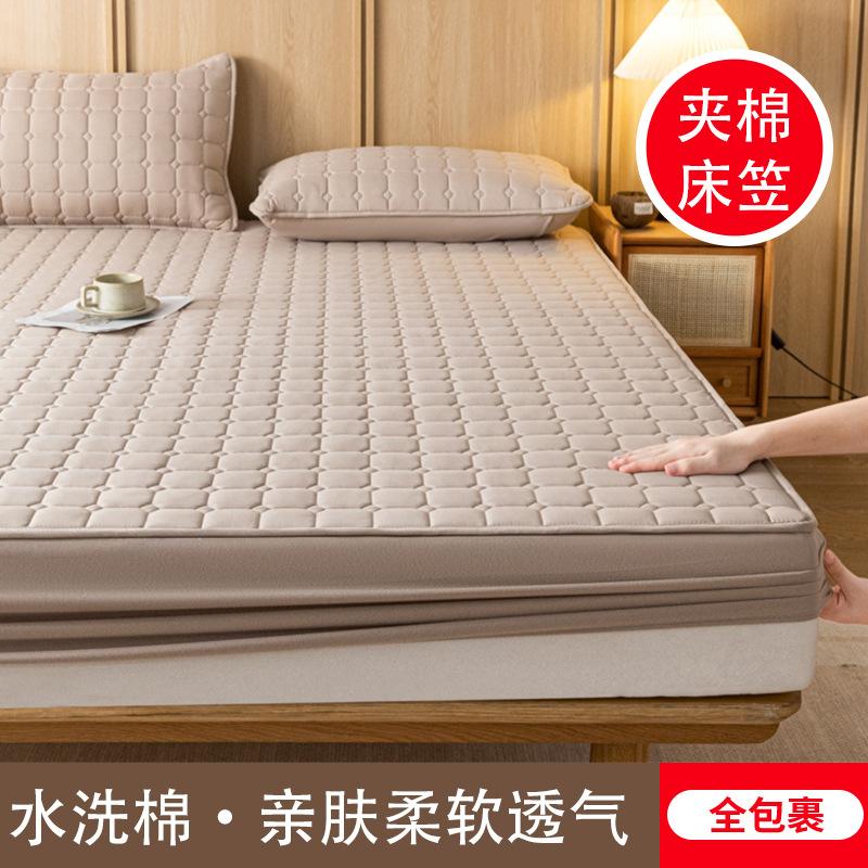 Processing solid color skin-friendly washed cotton padded mattress, custom non-slip thickened dust-proof bedspread Simmons protective cover