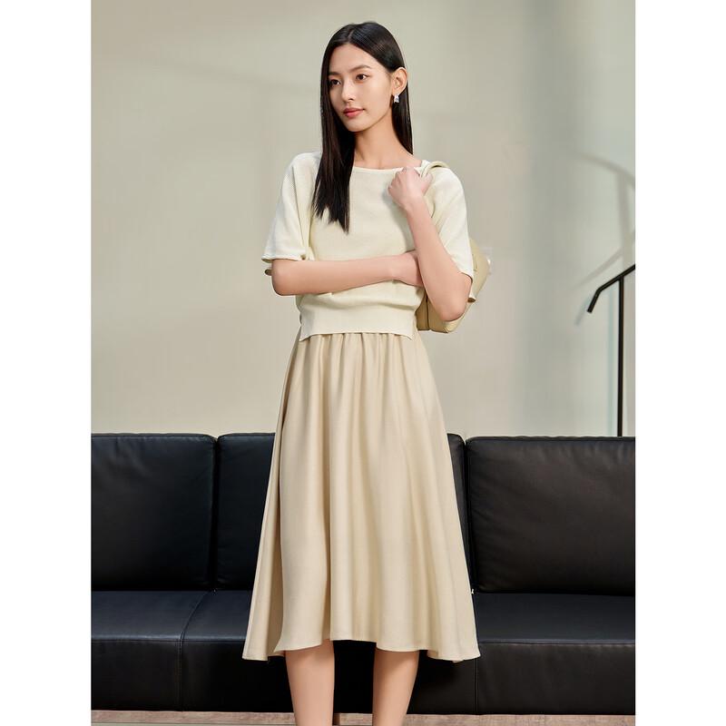 Jiuzi Annakou Women's Elegant Fake Two-Piece Patchwork Waist-Cinching Dress