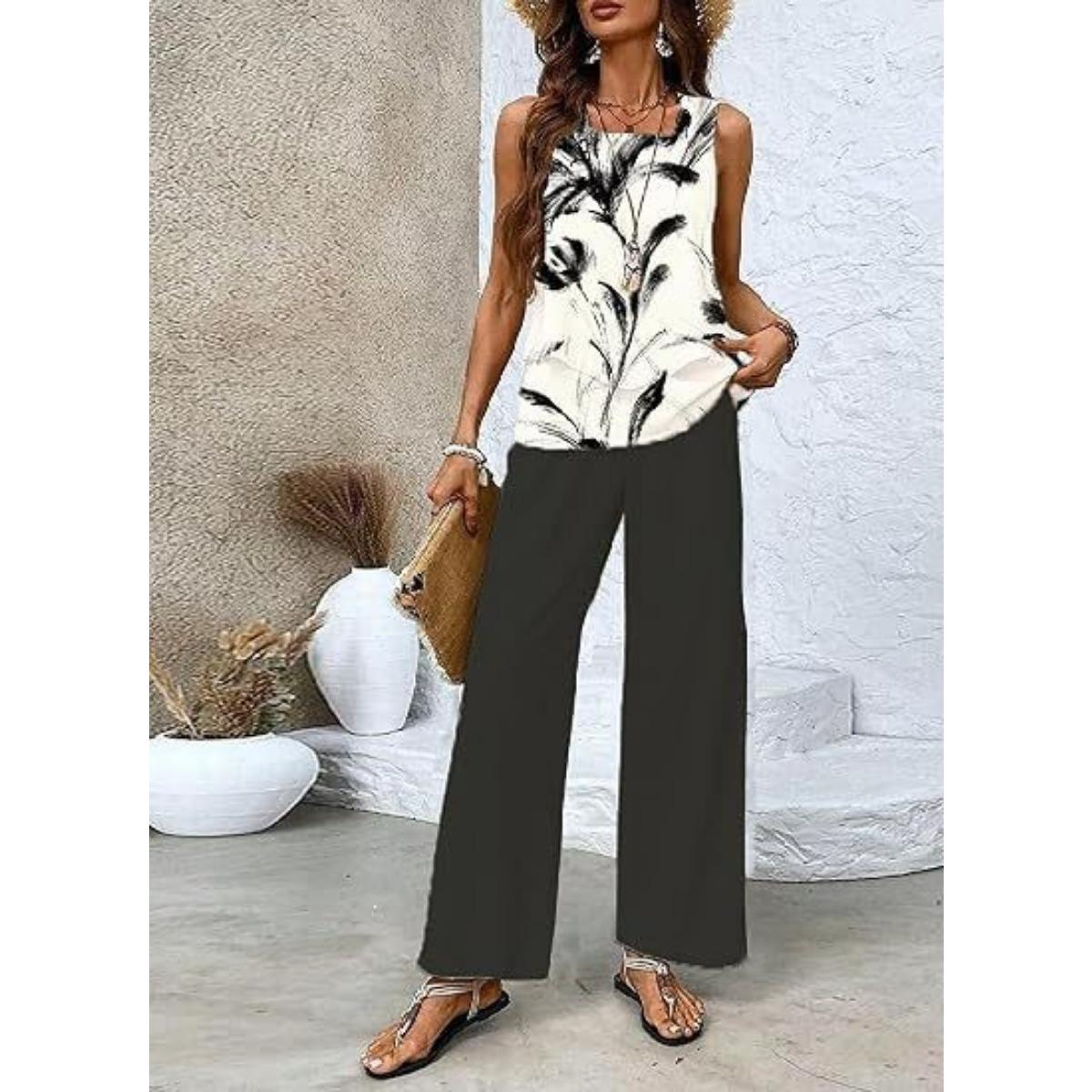 

Новый стиль Текстурированный Принт в полоску с растениями Квадратный вырез Двухслойный Без рукавов Жилет Прямые брюки Повседневный Удобный Костюм-жилет 3XL