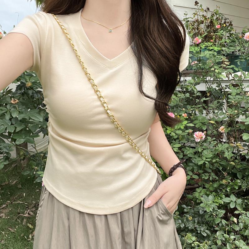 Plain Cotton Short Sleeve T Shirt With Pleated Detail For Casual Wear