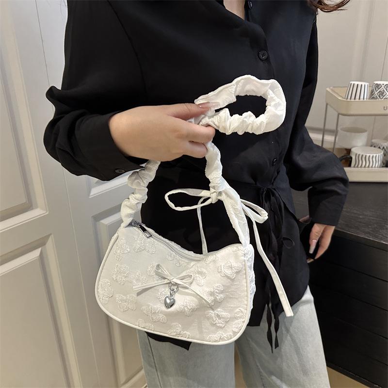 Bow Floral Print Pleated Crescent Bag Shoulder Bag Women'S Trendy Crossbody Bag Girl Sweet Handbag High-End Commuter Bag