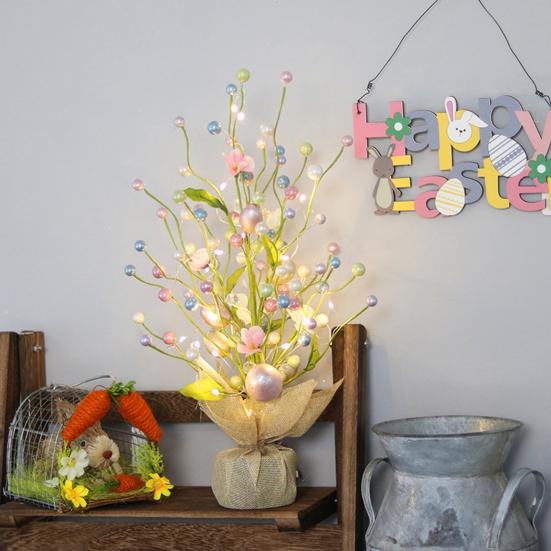 Pre-lit Easter Egg Tree with Burlap Base Battery Powered Easter Birch Tree with LED Light Tabletop Centerpiece for Home Table Spring Party Decoration