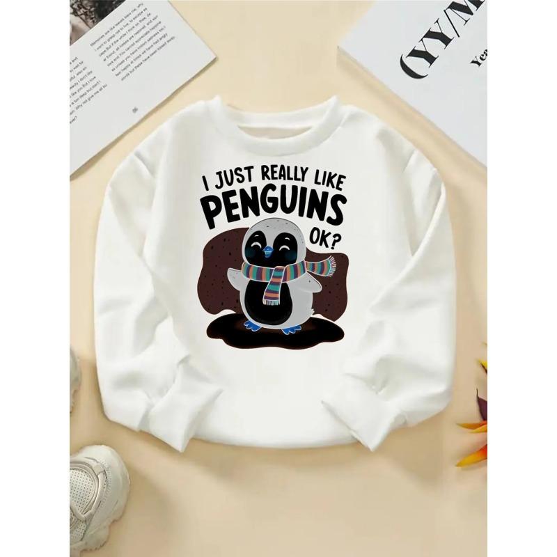 Cute Penguin Winter Scarf Fun Design Girls' Fashionable Crewneck Sweatshirt, Autumn and Winter Western Style Top, Children's Long Sleeved T-shirt