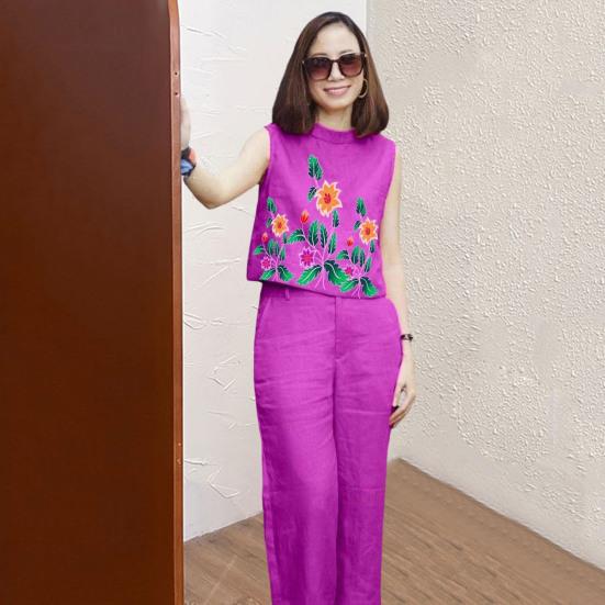 2 Pcs/Set Women Top Pants Set Flower Printing Elastic Waist Casual Sleeveless Loose Daily Wear Round Neck Plus Size Lady Vest