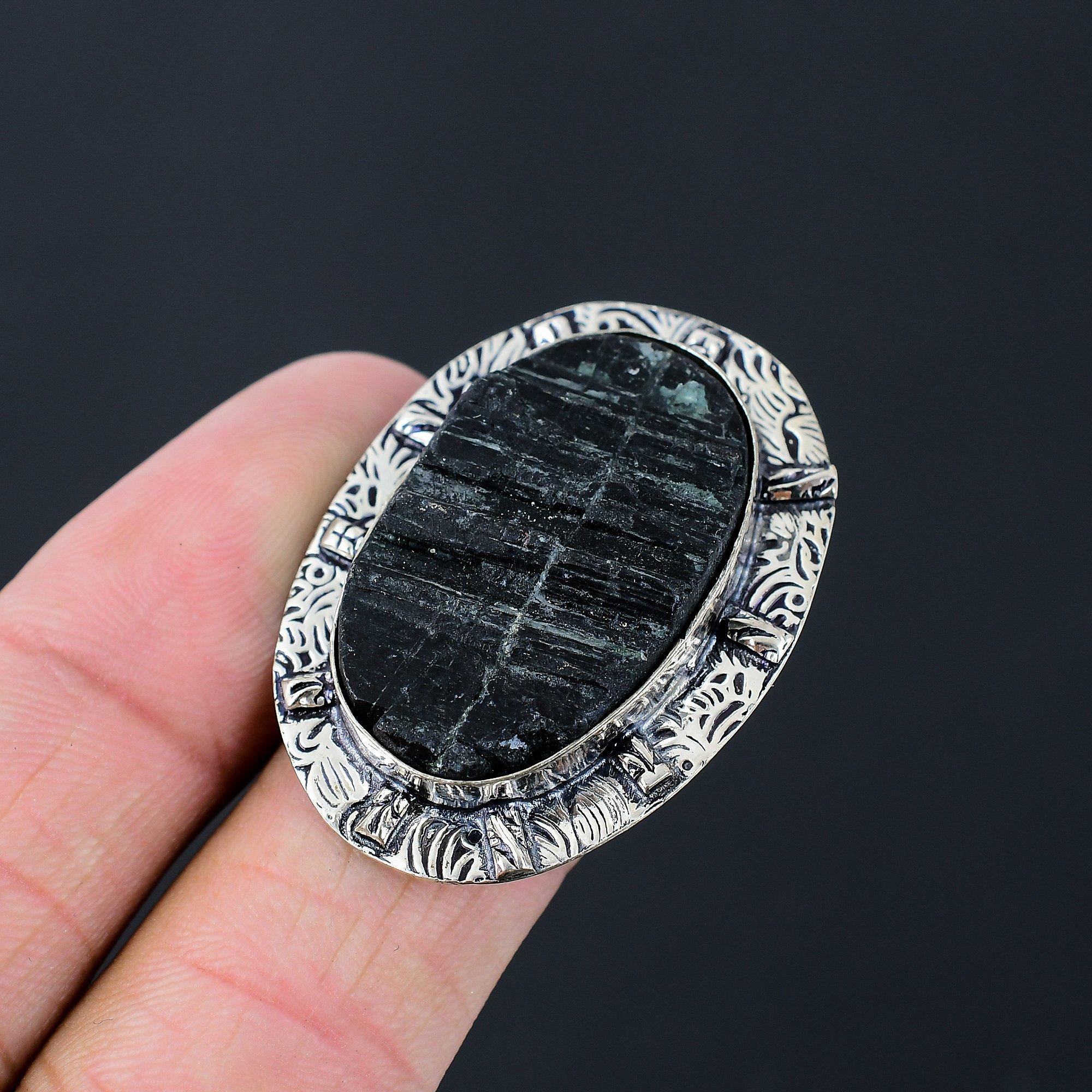 Black Tourmaline Rough Stone 925 Sterling Silver Statement Ring Jewelry Size 6.5 6.5