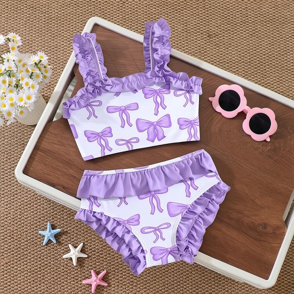 2Pcs Girls Bow Print Ruffle Bikini Set Kids Swimwear Swimsuit