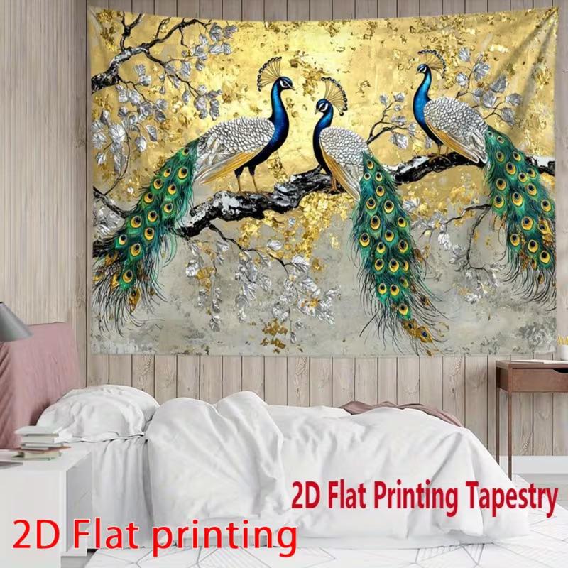 2D Art Peacock Tapestry Cloth Gold Background with Silver Leaves Home Decor