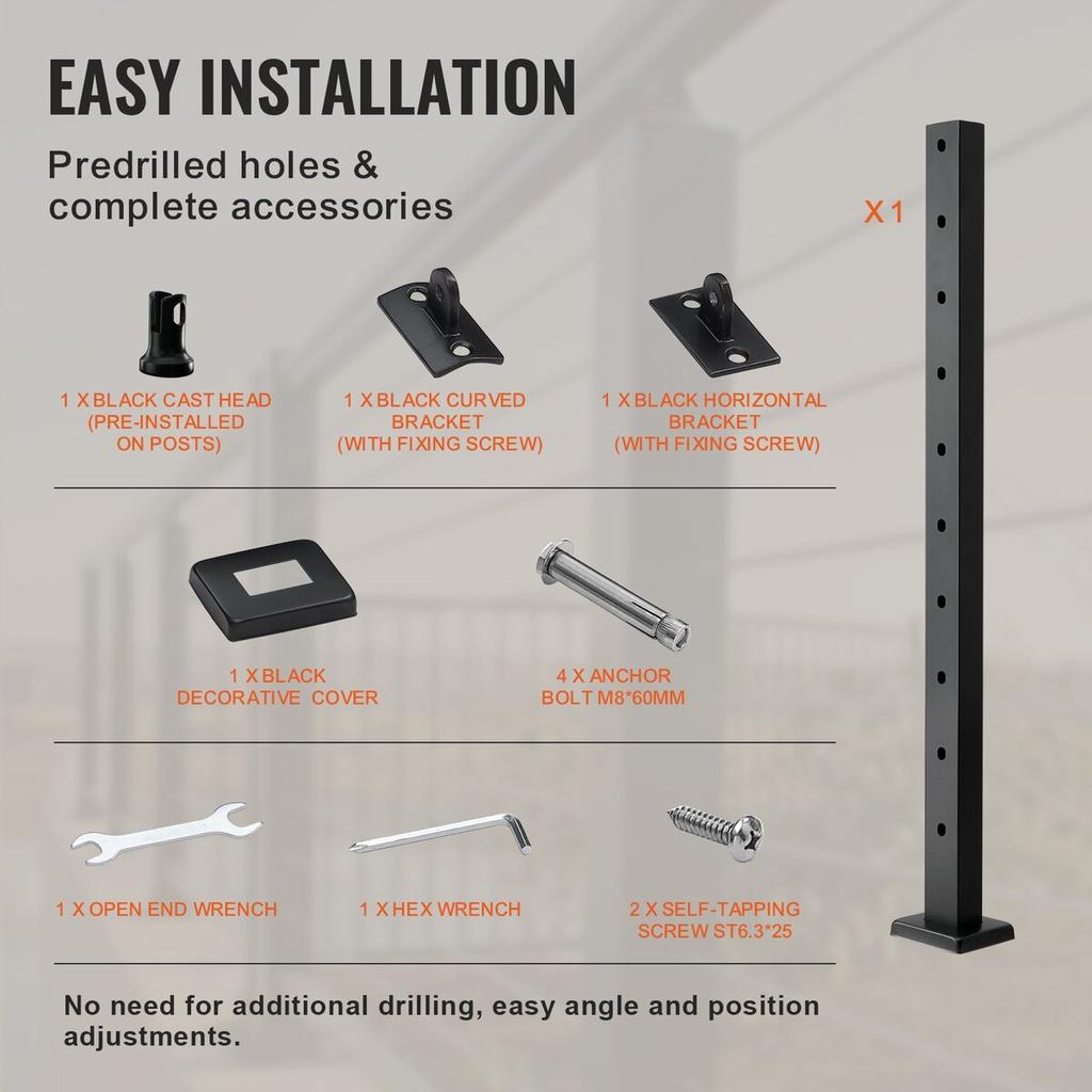 Cable Railing Post 36x1x2in 30° Angled Hole Stair Railing Post Black 1Pc