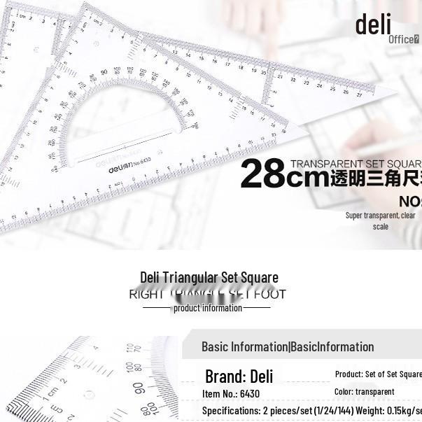 Deli Transparent Drawing Set: 15cm & 40cm Triangles with Protractor