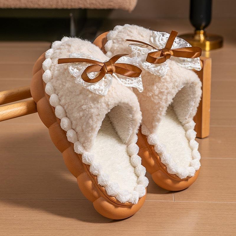 Women Bowknot Fuzzy Plush Thick Sole Warm Indoor Home House Slippers