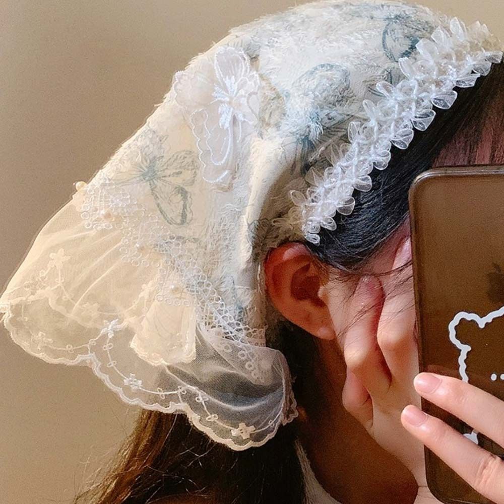 White Lolita Headscarf 3D Butterfly Lace Hair Band  Travel Beach Picnic Photoshoot