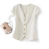 Women's Black Short-Sleeve V-Neck Buttoned Fitted Blouse