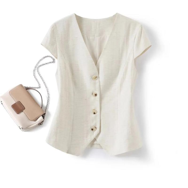 Women s Black Short-Sleeve V-Neck Buttoned Fitted Blouse S белый