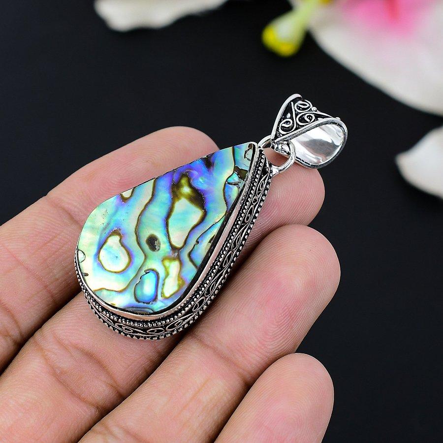 Abalone Shell Gemstone Handmade 925 Sterling Silver Jewelry Pendant 2.40" KG-133