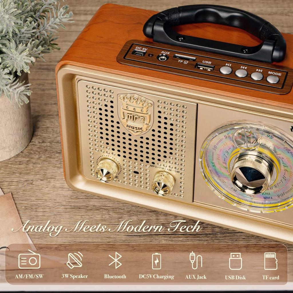 AM/FM/SW Retro Radio with Bluetooth, 3 Power Supply Options, Wood Effect Housing, 5W Speaker with Improved Bass, Supports USB/TF/AUX