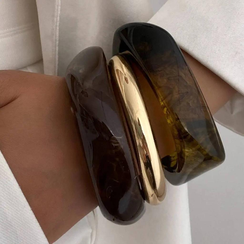 SHIXIN 3 Styles Retro Brown Irregular Resin Wide Bracelets for Women Boho Stackable Thick Acrylic Bracelet Bangles Jewelry Gift