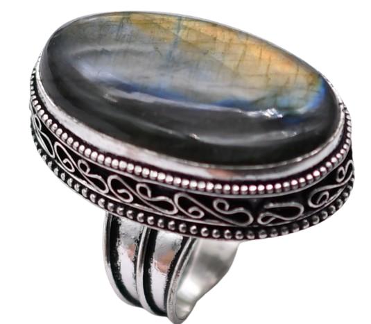 Labradorite Natural Gemstone Antique Silver Plated Ring US Size-6.5 A 492