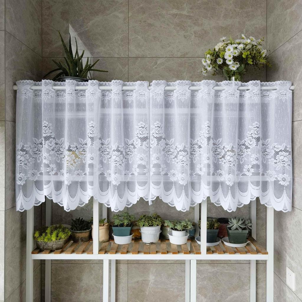 Cute white lace cafe curtains, 60cm long, for small windows. Stylish embroidered floral pattern. Perfect for privacy and short curtains for coffee