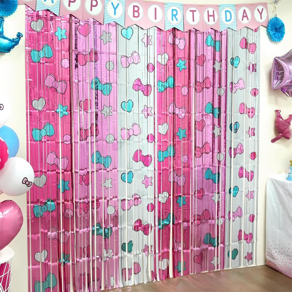 Kawaii Birthday Decorations, 2 Pack Cartoon Cat Theme Party Supplies, 3.3 x 6.6ft Tinsel Foil Fringe Curtains, Bow Photo Booth Props, Backdrop