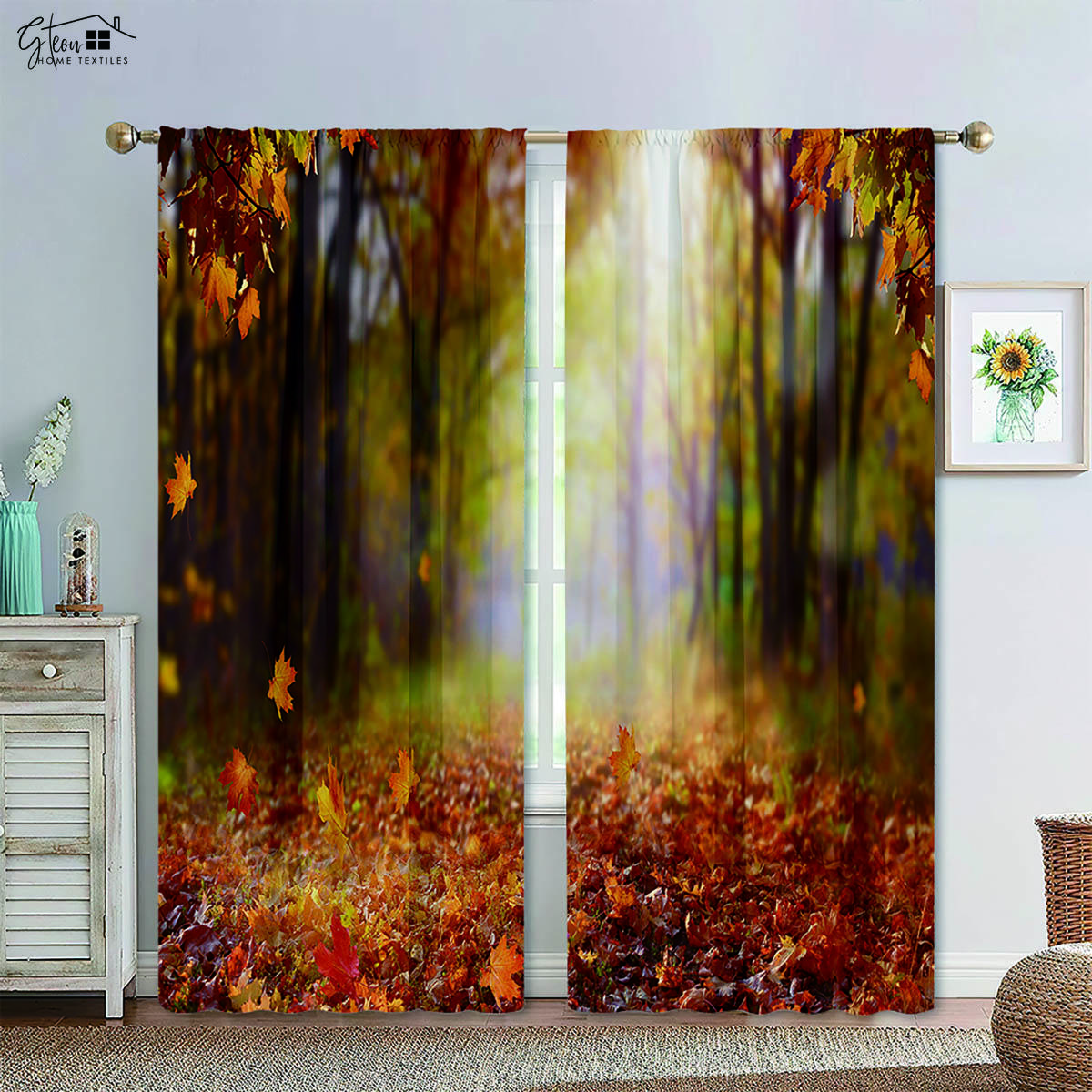 

Лесной пейзаж 3D-печатные шторы Зеленые леса Солнце Кленовые листья Природа Жизненная сила B&B Hotel Спальня Гостиная Шторы 2 шт W50xH130(CM)x2PCS&Rod pocket