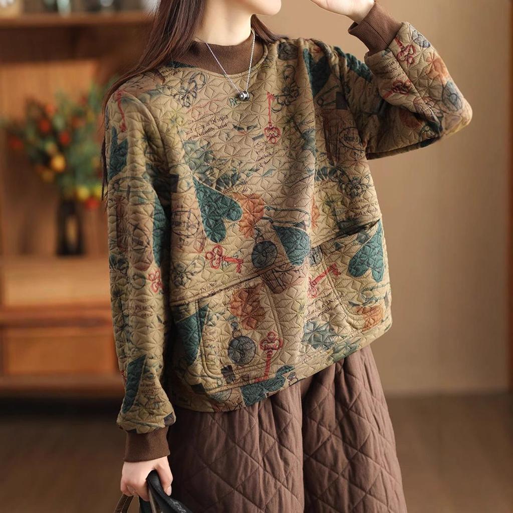 Felpa da Donna Vintage Stampa Cotone Lino Moda Patchwork Ispessita Ampia Tasche Letteraria Elegante Semplice Accogliente Femminile Pullover