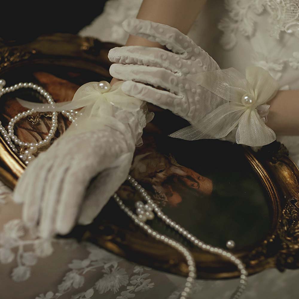 Pearls Flexible Accessories Girls Wedding Lace Bow Gloves Bridal Mittens White Gloves Ruffle