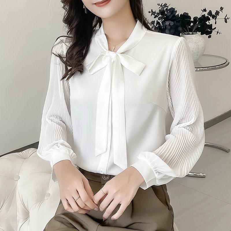 Spring Autumn New Solid Color Lace Up Shirt Commute Office Lady Fashion Ruched Long Sleeve Scarf Collar Button Chiffon Blouse