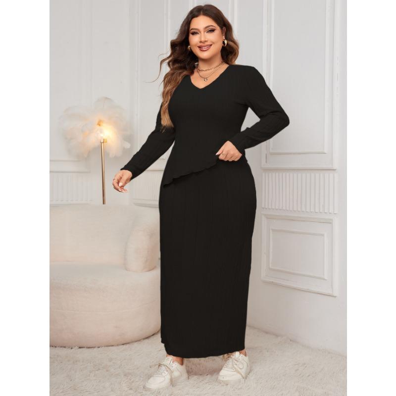 

Модний вільний костюм великого розміру з довгим рукавом і нерегулярним подолом 4XL чорний