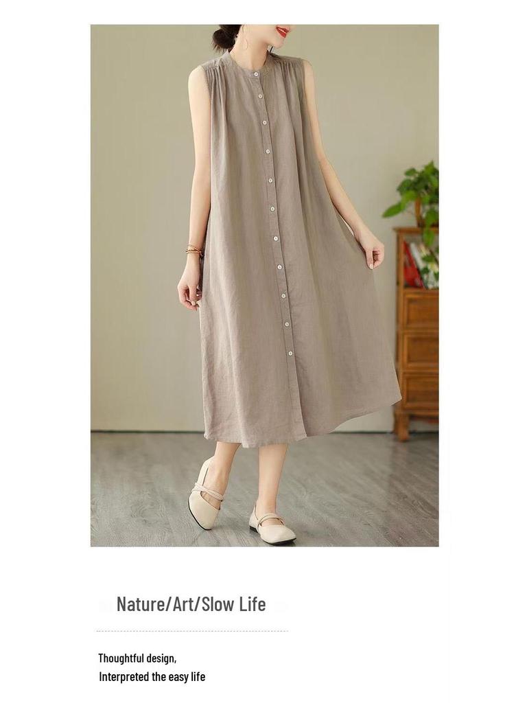 2026 New Summer Casual Sleeveless Cotton Linen Dress - Slimming, Loose Fit, Solid Color