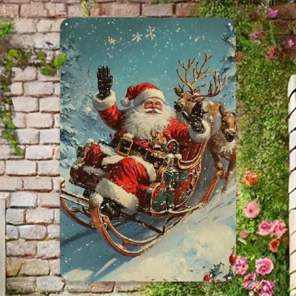Vintage Tin Sign Santa Claus Reindeer Sleigh Wall Decor Metal Poster Christmas Home Art