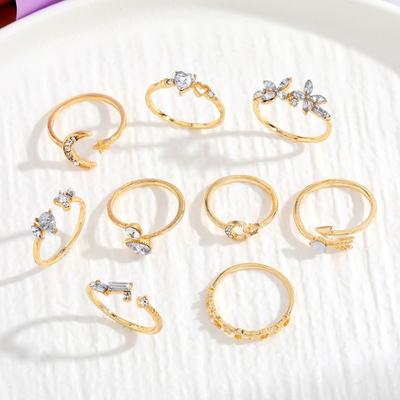 7Pcs/Set Star Moon Cross Twist Rhinestones Rings Set Women Opening Adjustable Knuckle Rings Exquisite Stacking Layering Ring Set