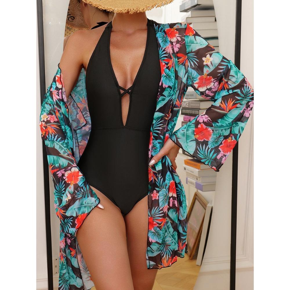 

Европейский и американский бикини, двухсекционный сиамский консервативный купальник из сетки с цифровым принтом XL чёрный