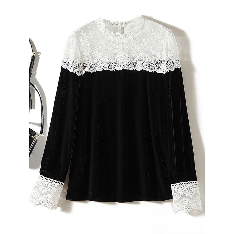 High Quality Required! White Floral Lace Patchwork Long Sleeves Pleuche Shirt Women's Spring Fall and Winter Bottoming Shirt