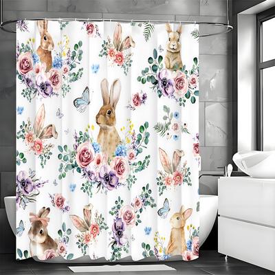 Cute Bunny Shower Curtain, Cute, Floral, Butterfly, Spring Bathroom Decorative Shower Curtain, Waterproof Shower Curtain with Ho