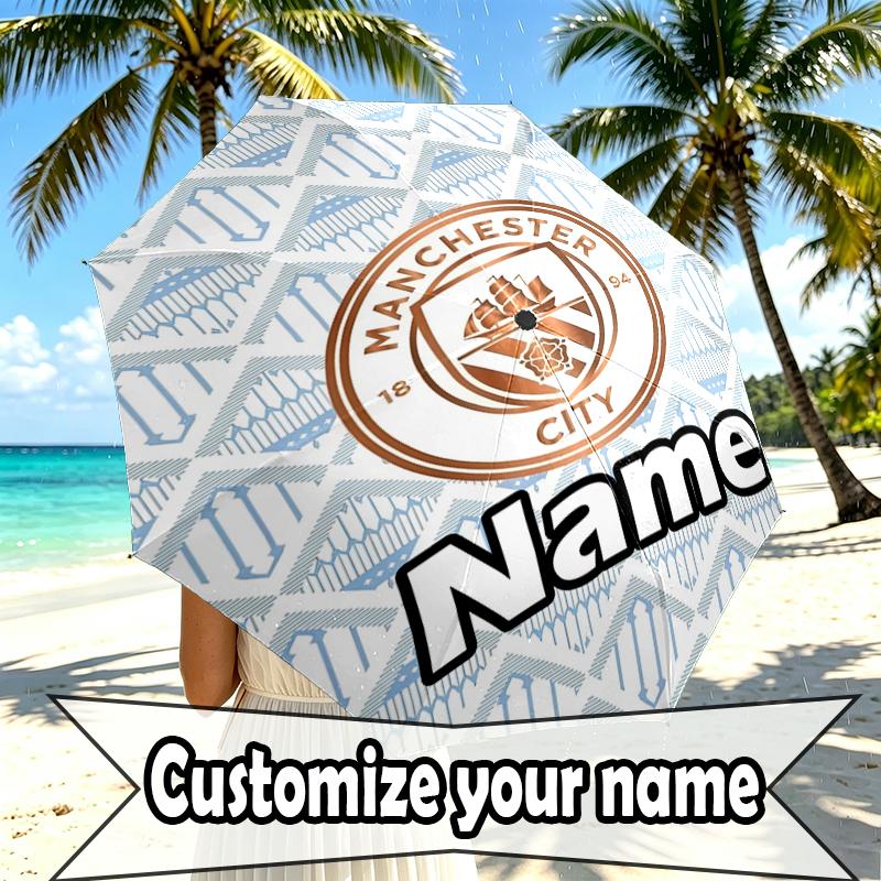 Custom Name Personalized Manchester City FC Print Umbrella, Auto Open Close, 8‑Rib Sturdy Frame, Commute Camping Hiking Use, Birthday Gift