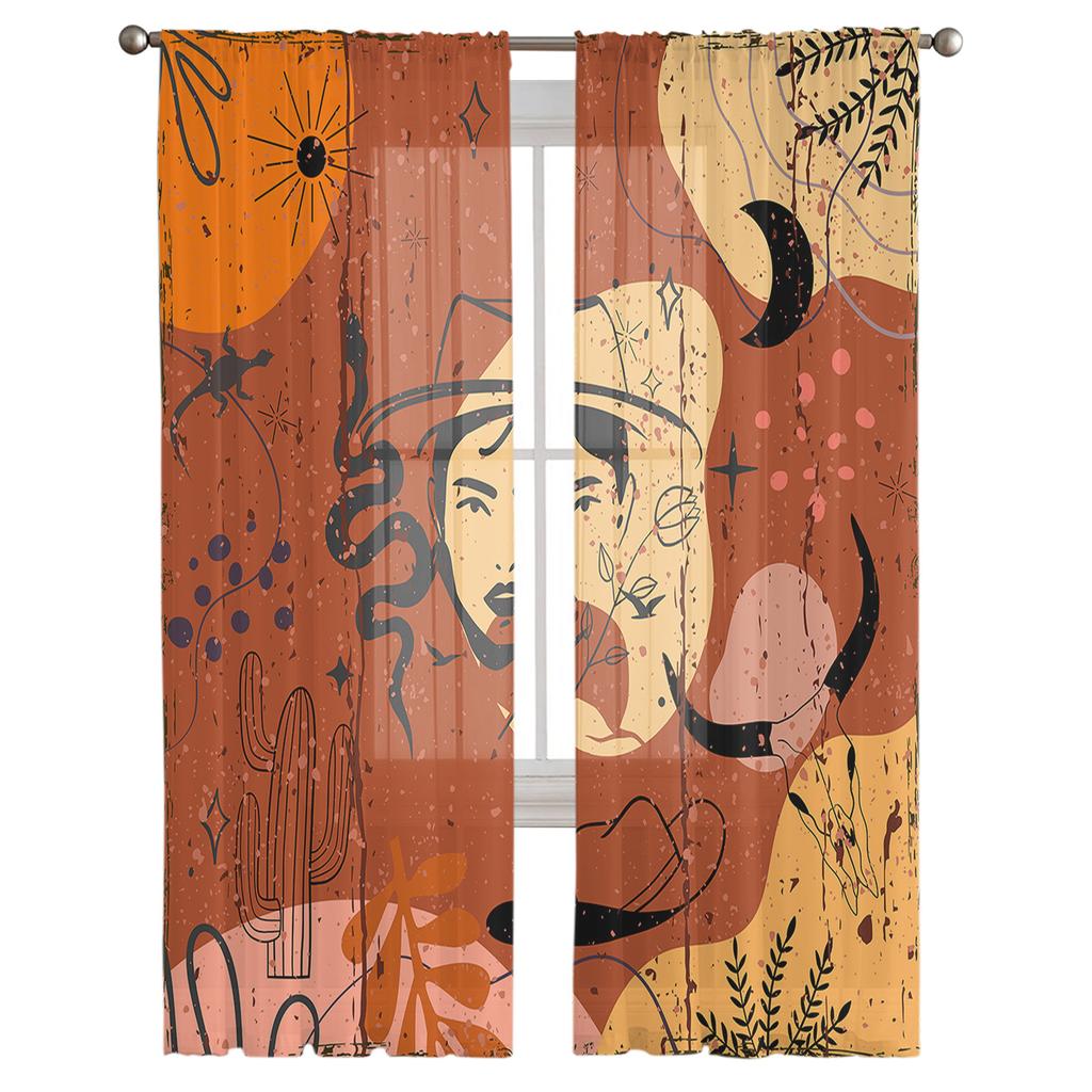 Cowboykaktus Gitarr Bohemia Retro Skira Gardiner Vardagsrumsfönster Tyllgardiner Sovrum Slöjgardiner Dekor Lyxiga Draperier