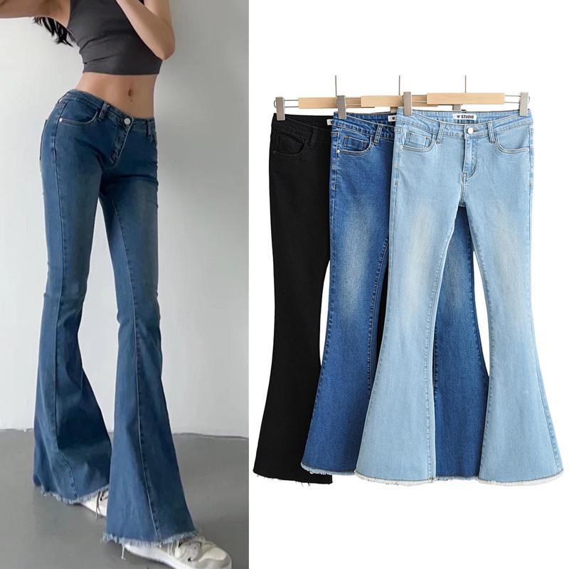 2024 Early Autumn Low-Waisted Slim Fit Flare Jeans for Women with Washed Frayed Hem.