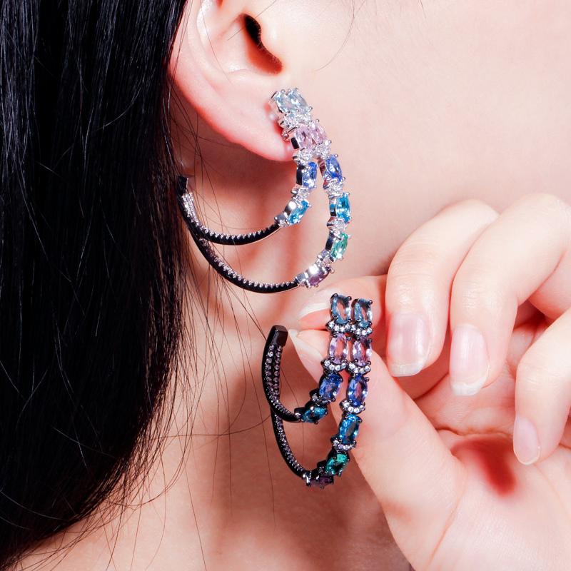 WWJ New Fashion Design Black Golden Color Bohemian Multicolor Zircon Double Hoop Earrings