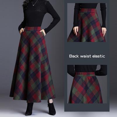 Frauen Wollrock Hohe Taille Plaid Print A-Linie Rock Herbst Winter Verdickt Großen Saum