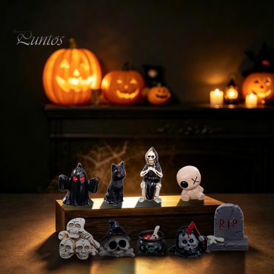 Halloween Home Table Decor Advent Calendar with 9 Mini Resin Figures, Day Spooky Countdown Decorative Figures for Windows To Calendar, Surprise
