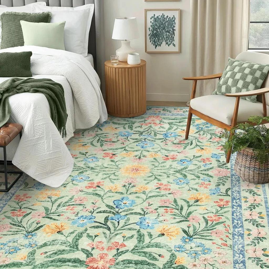 Boho Modern Parisian Garden Floral Green Area Rug Living Room Floral Pattern Decorative Rug Bedroom Art Rug Anti-slip Carpet