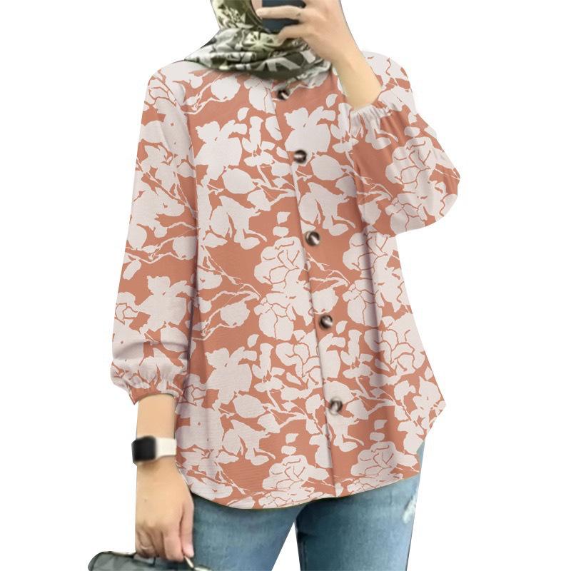 In Stock: New Women s Muslim Floral Puff Sleeve Shirt - Middle East & Malaysia Fashion 4XL бежевый