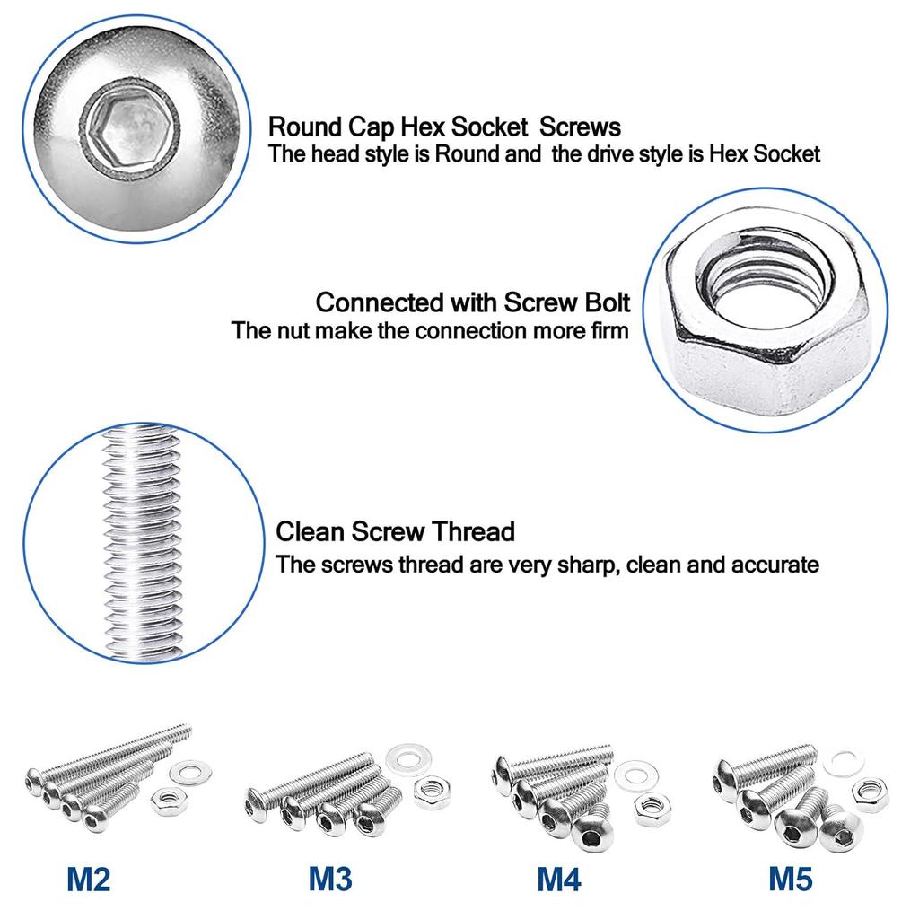 NINDEJIN Metric Button Head Socket Cap Screw Bolts & Flat Washers & Nuts Assortment Kit M2 M3 M4 M5 Stainless Steel Machine Screws Set and Wrench,
