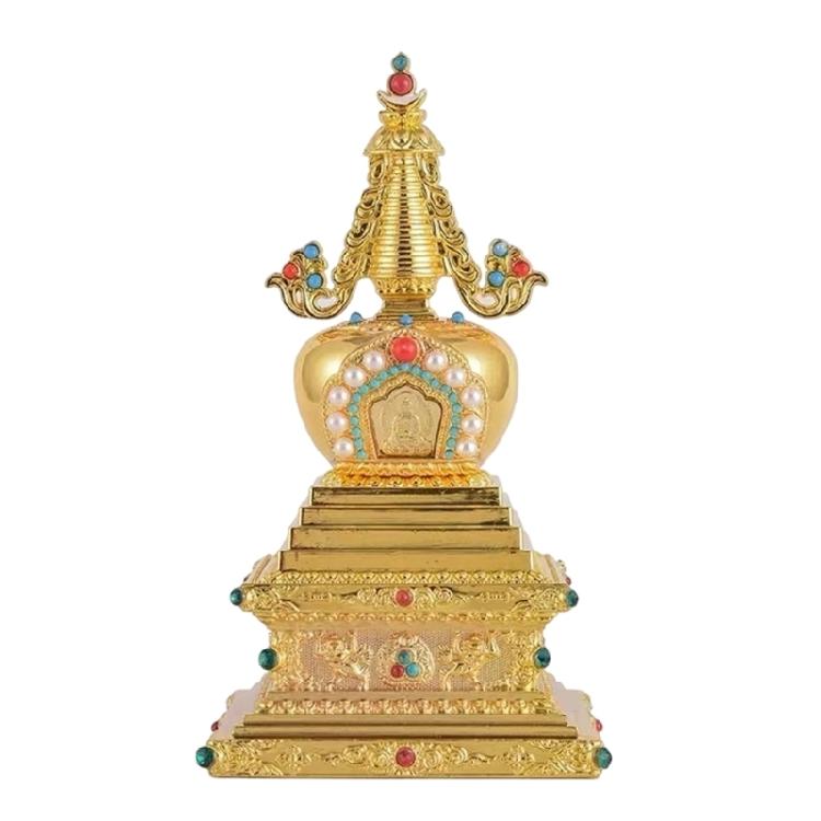 Tibetan Buddhist Stupa Statue,Alloy Temple Decoration with Intricate Gemstones Inlay Traditional Religious Altar Ornament золотой