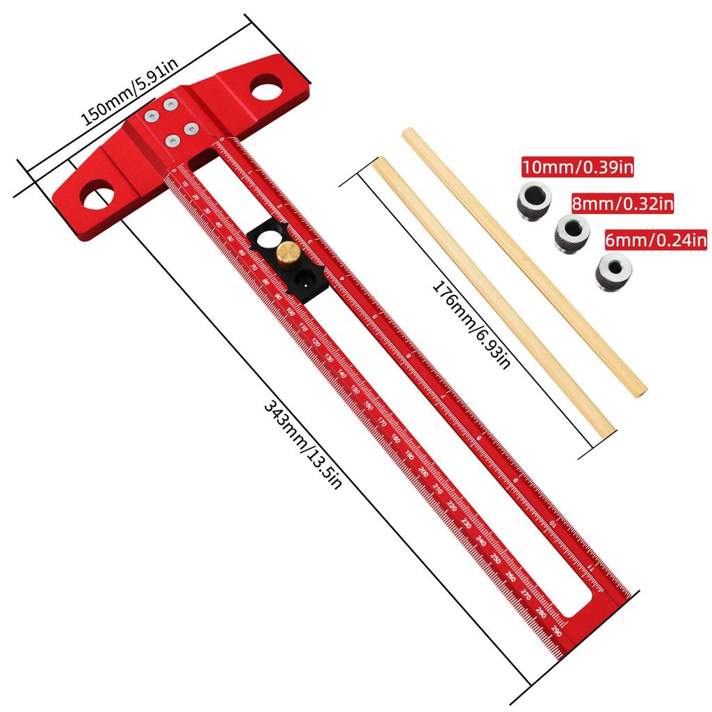 300mm Woodworking T-Square with 6/8/10mm Drill and 2 Pencils & Instruction Manual, 2-in-1 Aluminum Alloy Drilling & Marking Jig