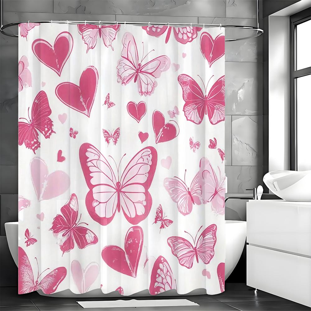 Valentine's Day Pink Butterfly Heart Shower Curtain, Bathroom Decorative Shower Curtain, Waterproof Shower Curtain with Hooks