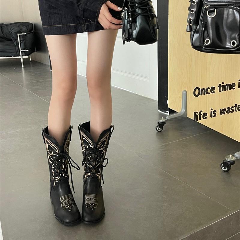 

Vintage embroidered medium boots Western cowboy boots Women s 2025 new thick heel British style strap knight boots 40 світло-коричневого кольору