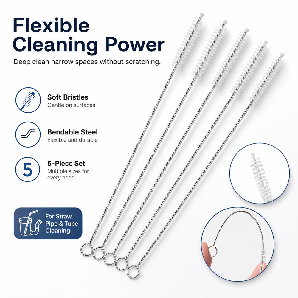 5pcs Reusable Straw Bottle Cleaning Brushes Soft Hair Bottle Cleaning Brush Cleaning Tools Kitchen