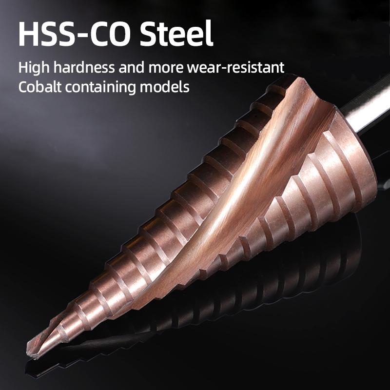 HSS-CO Cobalt Step Drill Bit For Stainless Steel Metal Wood Hole Cutter Spiral Groove Triangle Hex Shank Drilling Tools